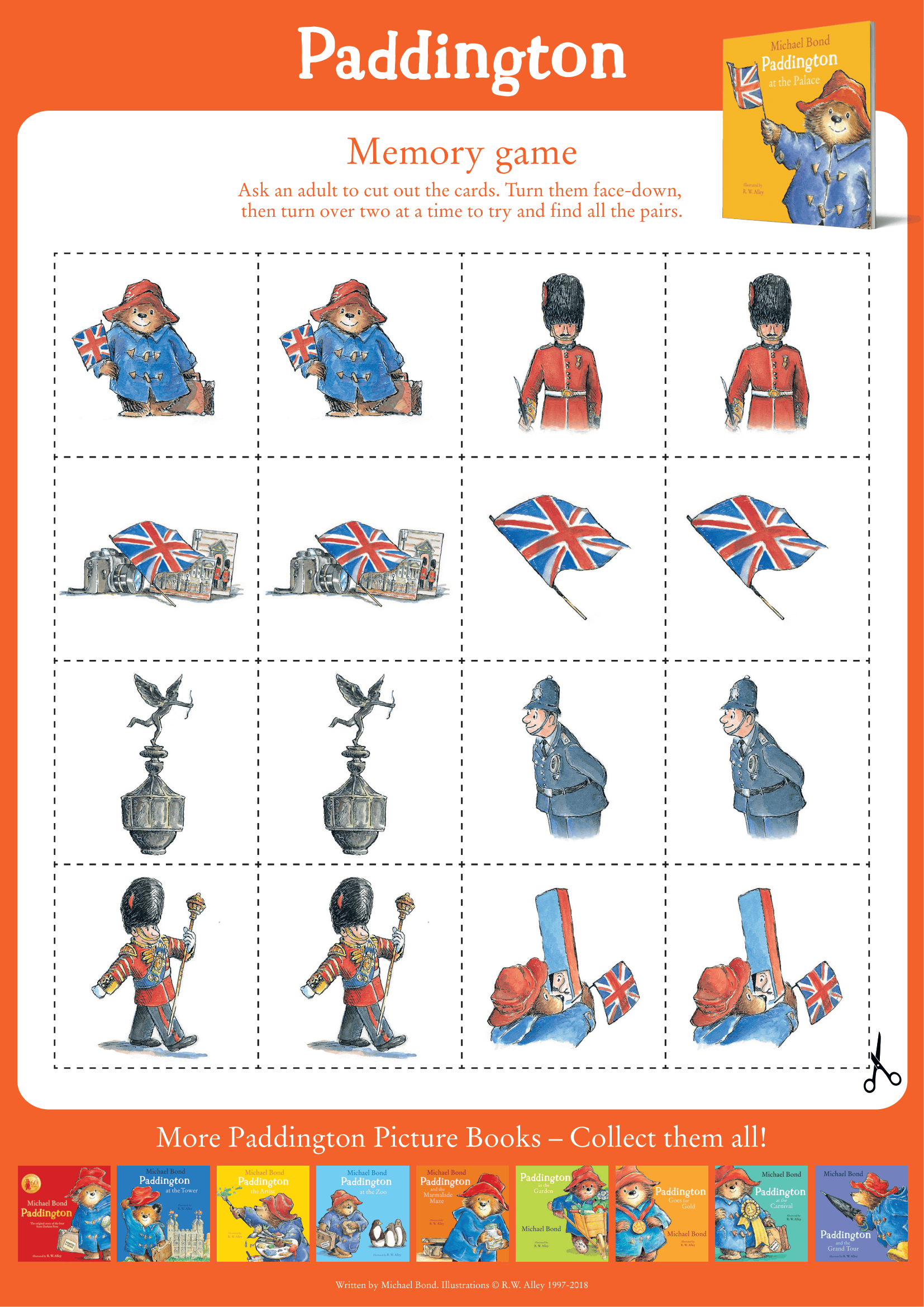 Free printable Paddington memory game activity sheet.